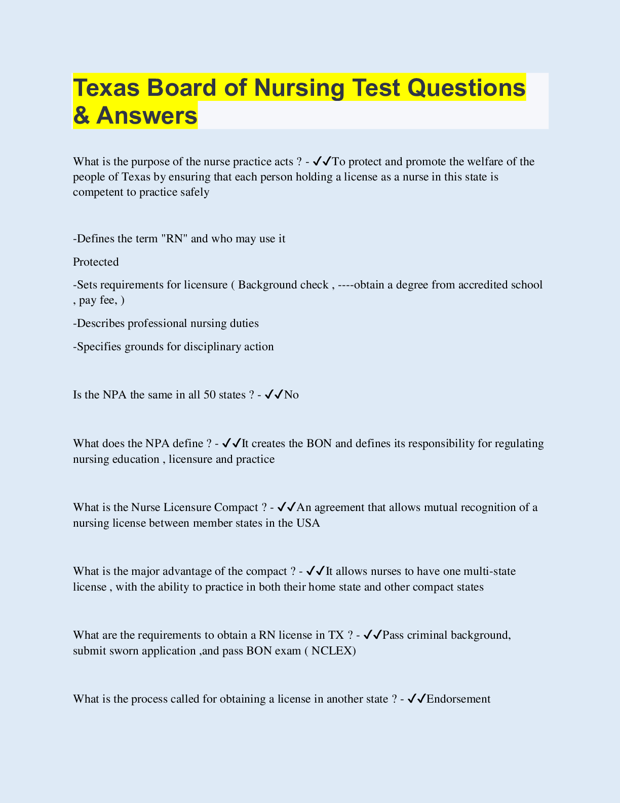Preview image for Texas Board of Nursing Test Questions & Answers | 40 Questions with 100% Correct Answers | Updated & Verified